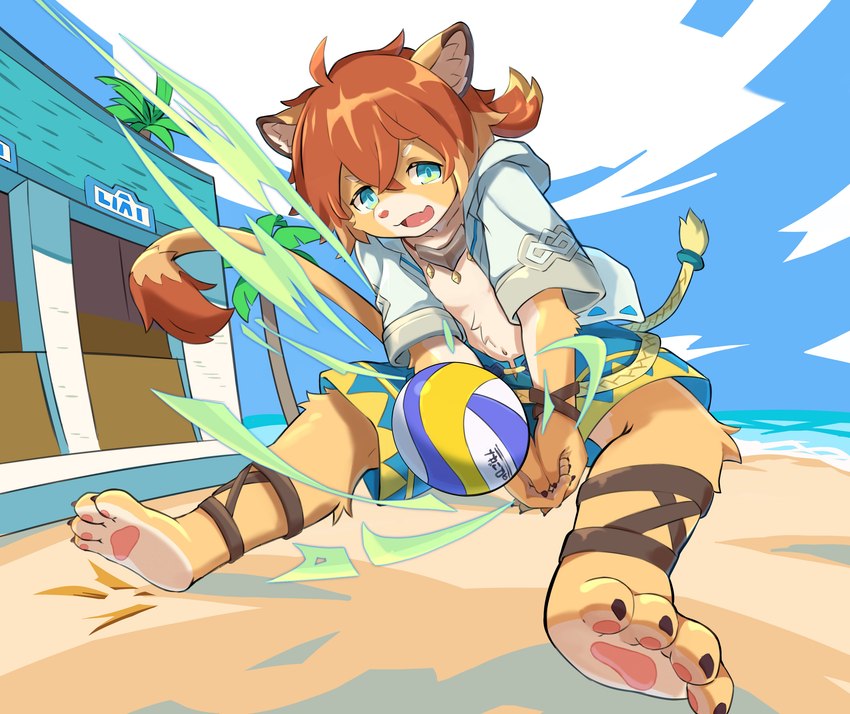 4_toes anthro ball barefoot beach bottomwear claws clothed clothing feet fur hair kemono looking_at_viewer male male_anthro multicolored_body multicolored_fur open_mouth pawpads paws ponytail sea seaside shorts soles solo tail toe_claws toes volleyball_(ball) water young young_anthro young_male youhan55 cygames world_flipper teo_(world_flipper) felid lion mammal pantherine 2023 absurd_res digital_media_(artwork) hi_res