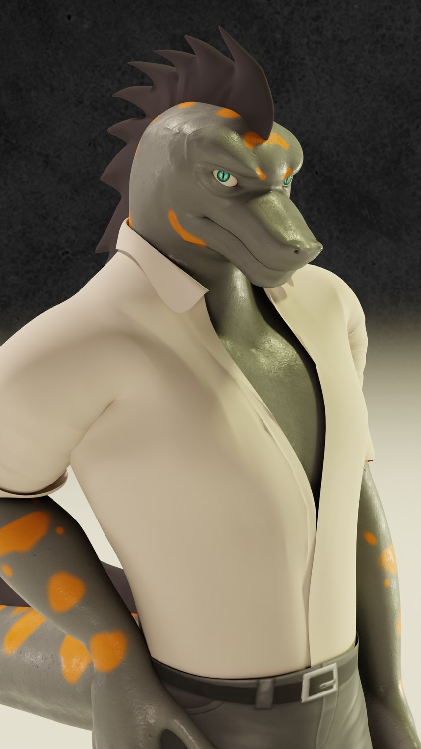 anthro clothing looking_at_viewer male markings pose shirt solo topwear unbuttoned_shirt crescentpapermoon blender_cycles echo_(game) echo_(series) echo_project flynn_moore gila_monster helodermatid humanoid lizard reptile scalie 3d_(artwork) 9:16 digital_media_(artwork) hi_res