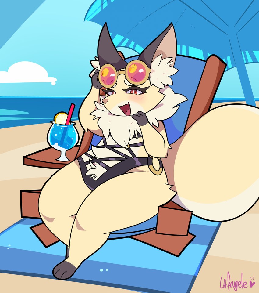 alternative_fashion anthro beach beach_blanket beach_umbrella beverage big_tail blue_sky blush chair clothing eyewear female furniture gyaru inner_ear_fluff j-fashion neck_tuft parasol red_eyes seaside short_stack sky smile solo sunglasses swimwear tail thick_thighs tropical tuft umbrella la-frugele cygames world_flipper shirano canid canine fox mammal hi_res signature