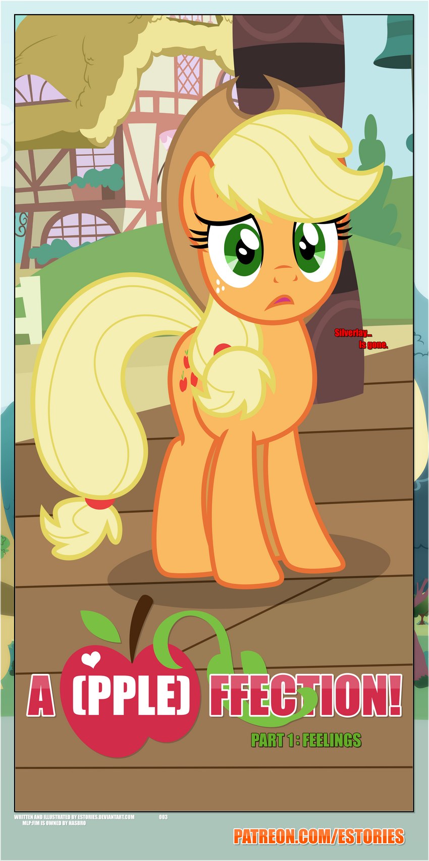 accessory black_border border building clothing cowboy_hat cutie_mark dialogue ears_up female feral floor freckles frown hair_accessory hair_tie hat headgear headwear outside plant ponyville shrub solo too_late train_station tree wood wood_floor estories friendship_is_magic hasbro my_little_pony applejack_(mlp) earth_pony equid equine horse mammal pony absurd_res hi_res