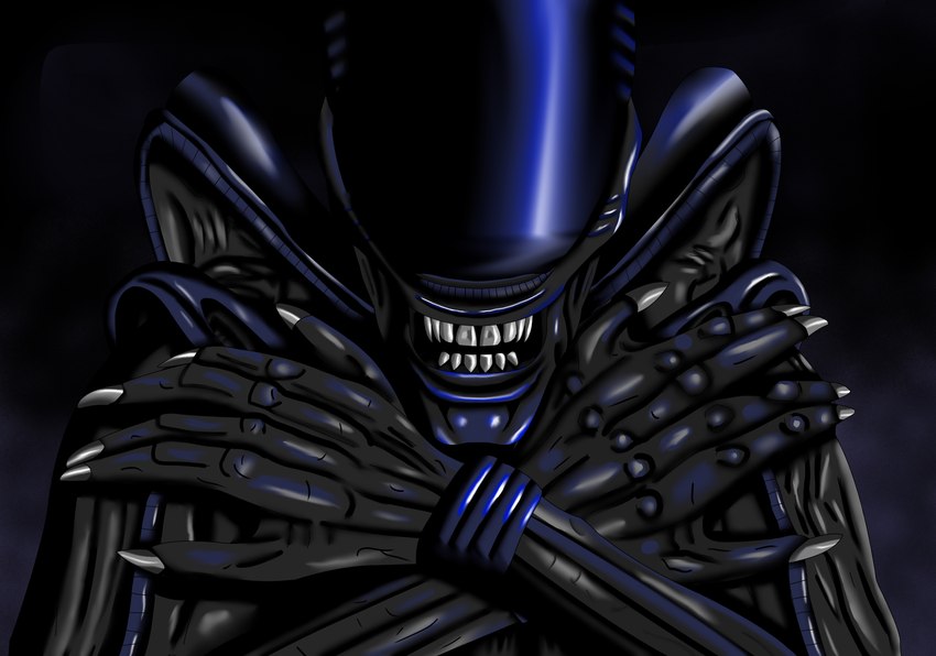 6_fingers ambiguous_gender bared_teeth black_background black_body claws crossed_arms exoskeleton eyeless fingers fog glistening glistening_body sharp_teeth silver_claws silver_teeth simple_background solo teeth tamhigan_(artist) alien_(franchise) alien xenomorph hi_res