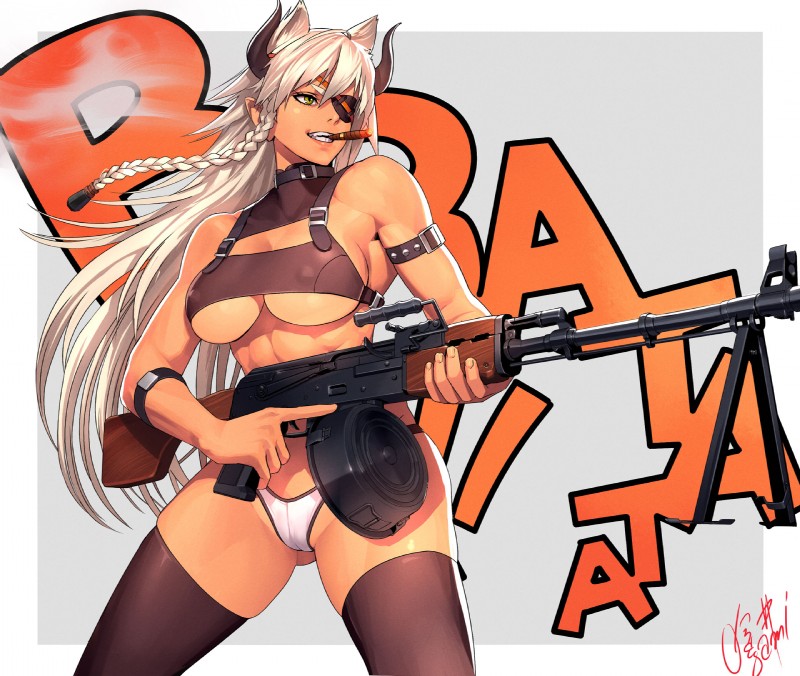 ak_platform breasts camel_toe cigar clothed clothing eye_patch eyewear female gun hair holding_gun holding_machine_gun holding_object holding_ranged_weapon holding_weapon horn legwear machine_gun nipple_outline panties ranged_weapon rpk skimpy smoking solo thigh_highs trigger_discipline under_boob underwear weapon white_hair ogami animal_humanoid cat_humanoid demon felid felid_humanoid feline feline_humanoid humanoid mammal mammal_humanoid 2018 hi_res