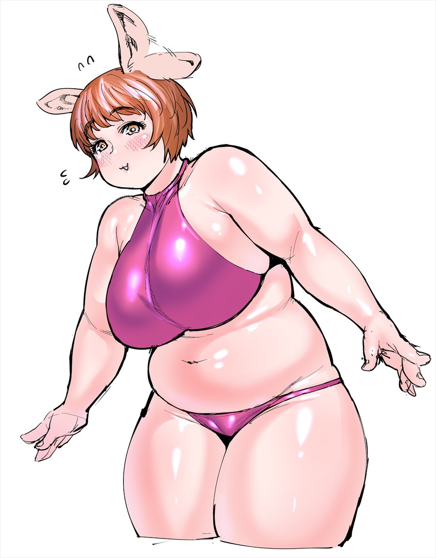 animal_ears belly big_breasts big_ears bikini biped blush blush_lines bob_cut bodily_fluids breasts camel_toe clothed clothing curvy_figure ear_twitch ear_wag eyelashes female flying_sweatdrops glistening glistening_body glistening_skin hair halter_bikini leaning light_body light_skin lips looking_at_viewer nails navel not_furry open_mouth orange_eyes orange_hair overweight overweight_female overweight_humanoid pink_bikini pink_clothing pink_swimwear short_hair side_boob simple_background slightly_chubby slightly_chubby_female slightly_chubby_humanoid smile solo standing sweat sweatdrop swimwear thick_thighs three-quarter_view two-piece_swimsuit white_background synecdoche plus-sized_elf oku_(plus-sized_elf) animal_humanoid humanoid mammal mammal_humanoid orc pig_humanoid suid suid_humanoid suina suina_humanoid 2019 digital_drawing_(artwork) digital_media_(artwork) hi_res official_art portrait three-quarter_portrait