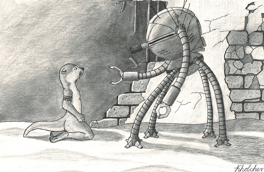 ambiguous_gender anthro brick_wall cracked_wall crouching damaged_wall detailed_background duo floppy_ears iron_bars looking_at_another machine male nude tattoo wall_(structure) whiskers konstantin_kholchev mammal mustelid otter robot graphite_(artwork) monochrome traditional_media_(artwork)