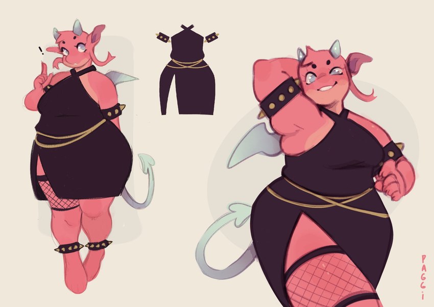 2_horns 5_fingers anklet anthro armband black_clothing black_dress blue_eyes breasts circle_eyebrows clothed clothed_anthro clothed_female clothing countershading dress eyebrows female female_anthro fingers fishnet_clothing fishnet_legwear hand_behind_head horn jewelry legband legwear multiple_poses pink_body pink_countershading pink_face pose simple_background slightly_chubby slightly_chubby_anthro slightly_chubby_female small_eyebrows smile solo spade_tail spiked_anklet spiked_armband spiked_legband spikes tail wings paggi mythology nana_(paggi) dragon mythological_creature mythological_scalie scalie 2024 digital_drawing_(artwork) digital_media_(artwork) hi_res