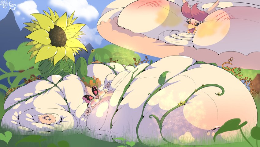 arm_rolls belly belly_rolls big_belly big_butt blobby blush blush_lines butt cloud dizzy_eyes double_chin expansion fat_rolls flower force_feeding forced grass hair huge_belly huge_butt hyper hyper_belly hyper_butt hyper_cheeks hyper_inflation inflation leg_rolls male morbidly_obese morbidly_obese_male mountain nectar obese obese_male onomatopoeia orange_text overweight overweight_male pink_hair plant sound_effects stuffing text tree weight_gain executivefailure arthropod insect lepidopteran moth 2024 absurd_res bust_portrait cel_shading hi_res portrait shaded