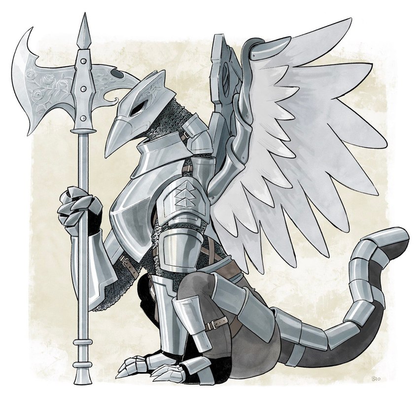 ambiguous_gender armor armor_plates armored_boots armored_gloves axe belt chainmail claws feathers feral feral_armor full_armor furgonomic_armor furgonomics greataxe headgear helmet simple_background sitting solo straps weapon white_body white_feathers hacony elden_ring fromsoftware mythology tarnished_(elden_ring) avian gryphon mythological_avian mythological_creature hi_res