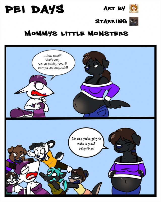 anthro babysitter belly big_belly big_breasts breasts butt clothed clothing dialogue female group hair open_mouth pregnant purple_hair simple_background text tongue young young_anthro technicolorpie chimangetsu electra_(chimangetsu) sherri_mayim canid canine canis domestic_dog mammal comic digital_media_(artwork) english_text hi_res