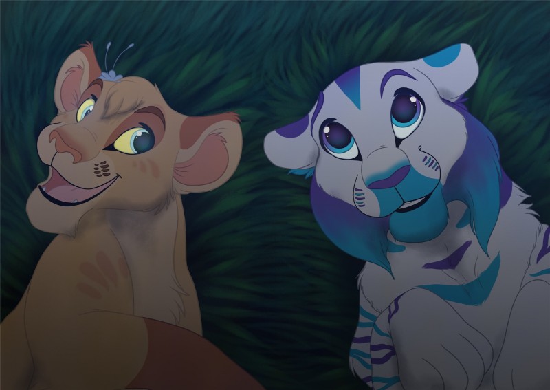 accessory blue_eyes duo female feral flower flower_in_hair grass hair hair_accessory love night plant romantic romantic_couple stargazing two_tone_paws tayarinne azuris_(tayarinne) bahati_whiteclaw felid lion mammal pantherine tiger hi_res