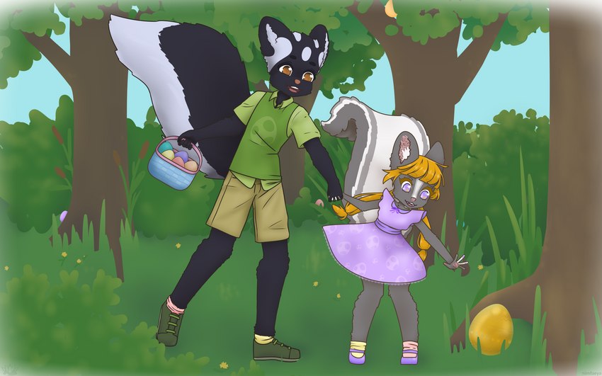 anthro big_egg big_tail black_body black_fur blonde_hair bottomwear brown_eyes chest_tuft clothing countershade_torso countershading detailed_background dress dress_shoes duo easter_egg egg egg_hunt feet female fingerless_(marking) fluffy fluffy_tail footwear fur grey_body grey_fur hair heart_(marking) holding_head holidays inner_ear_fluff male markings mismatched_socks multicolored_body multicolored_fur outside plant purple_eyes reaching_for_object shoes shorts shrub sky socks sweater sweater_vest tail toeless_(marking) topwear tree tuft two_tone_body two_tone_fur vest white_body white_fur young young_anthro nimfaeya easter lemmy_(lemmy_niscuit) lolly_(butterscotchlollipop) mammal mephitid skunk spotted_skunk 16:10 hi_res widescreen