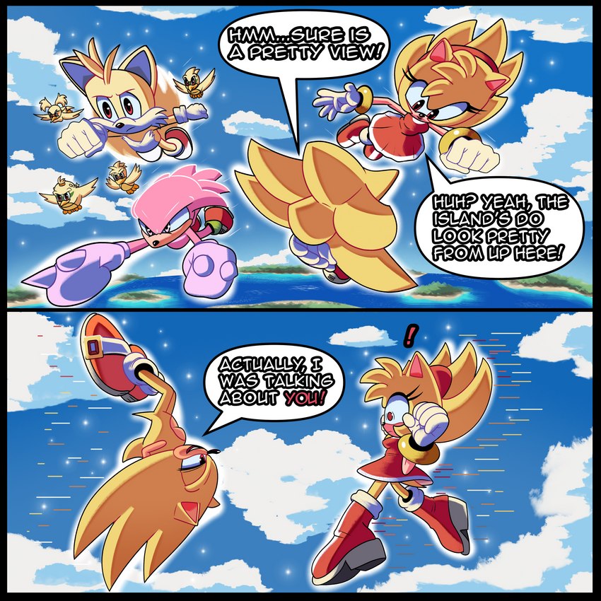 anthro black_border border clothing cloud female flying glowing group islands male male/female narrow_hips pronounced_browridge sea shoreline sky skyscape speech_bubble super_form thin_calves thin_legs thin_thighs water blue_archer_(artist) sega sonic_the_hedgehog_(series) amy_rose knuckles_the_echidna miles_prower sonic_the_hedgehog super_amy_rose super_knuckles super_sonic super_tails avian bird eulipotyphlan hedgehog mammal 1:1 absurd_res colored hi_res