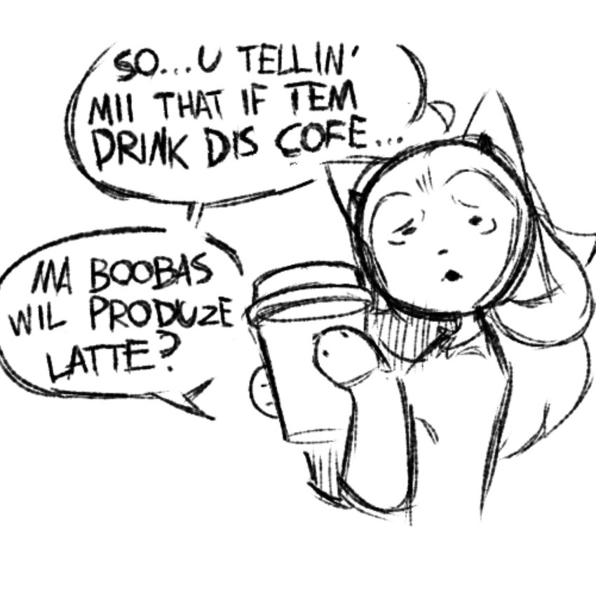 anthro beverage coffee container cup female looking_at_viewer solo speech_bubble talking_to_viewer text worried worried_face worried_look nucr4r undertale undertale_(series) temmie_(deltarune) temmie_(undertale) temmie_(species) 1:1 english_text monochrome