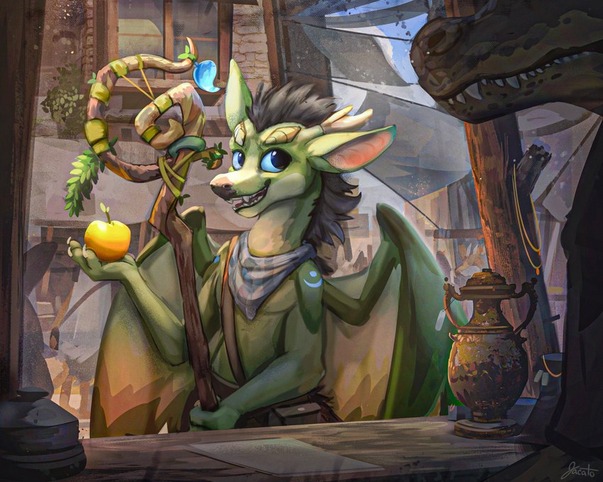 4_fingers anthro apple blue_sclera blue_sky claws day detailed_background finger_claws fingers food fruit gold_apple green_body group holding_apple holding_food holding_fruit holding_object horn lamp looking_at_viewer male market marketplace membrane_(anatomy) membranous_wings mostly_offscreen_character oil_lamp outside plant scarf silhouette sky solo_focus staff standing wings jacato mythology paiku dragon mythological_creature mythological_scalie scalie 2021 digital_media_(artwork) hi_res signature