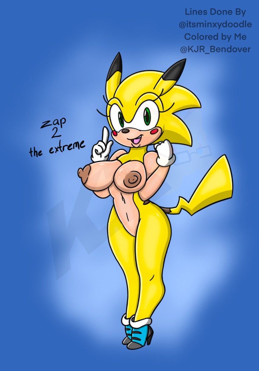 areola blush breasts butt cleavage clothed clothing female footwear high_heels nipples nude shoes solo text thick_thighs kjr_whatever minxydoodle nintendo pokemon sega sonic_the_hedgehog_(series) sonichu_(series) fan_character sonichu_(character) eulipotyphlan generation_1_pokemon hedgehog hybrid mammal pikachu pokemon_(species) english_text hi_res