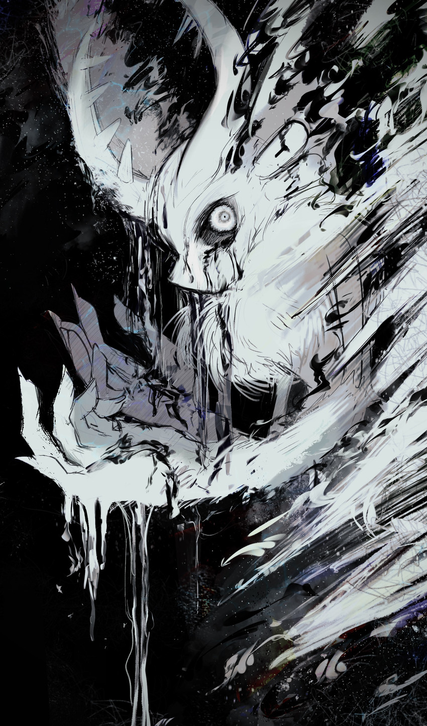 ambiguous_gender anthro antlers biped black_sclera body_horror chest_tuft death_glare head_wings horn huge_wings looking_at_viewer melting mouthless neck_tuft pupils side_view solo tuft unusual_wing_placement wings gemini_kirby kirby_(series) nintendo fecto_elfilis alien chinchilla chinchillid mammal rodent starling_(kirby) absurd_res black_and_white digital_drawing_(artwork) digital_media_(artwork) digital_painting_(artwork) half-length_portrait hi_res monochrome painting_(artwork) portrait