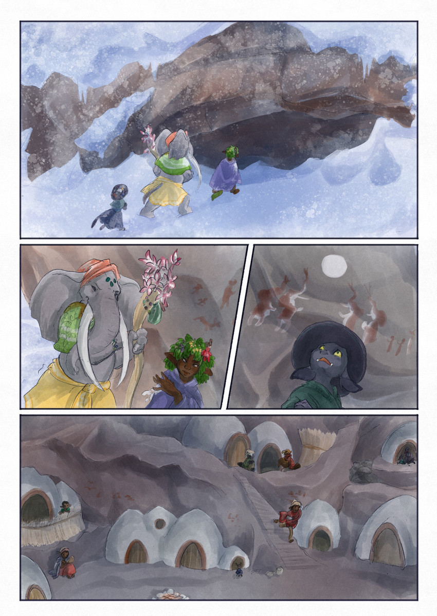 ambiguous_gender anthro biped black_body black_fur black_tail cave cave_painting clothed clothing day female fur grey_body group hat headgear headwear holding_object humanoid_pointy_ears male outside plant pointy_ears proboscis_(anatomy) snow snowing tail trunk_(anatomy) bjekkergauken imbali_(bjekkergauken) isilo_(bjekkergauken) elephant elephantid humanoid mammal proboscidean unknown_species 2025 comic hi_res