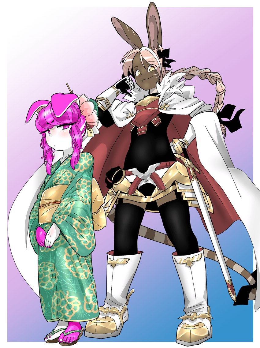 5_toes anthro asian_clothing brown_body brown_skin cape clothed clothing cosplay costume dark_body dark_skin duo east_asian_clothing feet female green_clothing green_kimono hair japanese_clothing kimono male male/female pink_hair plantigrade playing ponytail smile toes pawfeather fate_(series) type-moon astolfo_(fate) caramel_(pawfeather) razzy_(pawfeather) humanoid absurd_res hi_res