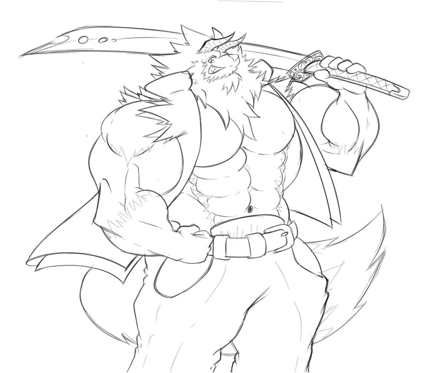 anthro bared_chest belt bottomwear clothing curved_sword flexing grin hair holding_object horn looking_at_viewer male melee_weapon muscular muscular_anthro muscular_male navel pants smile solo sword topwear vest weapon sachiel_666 ambiguous_species canid canine mammal 2013 monochrome sketch