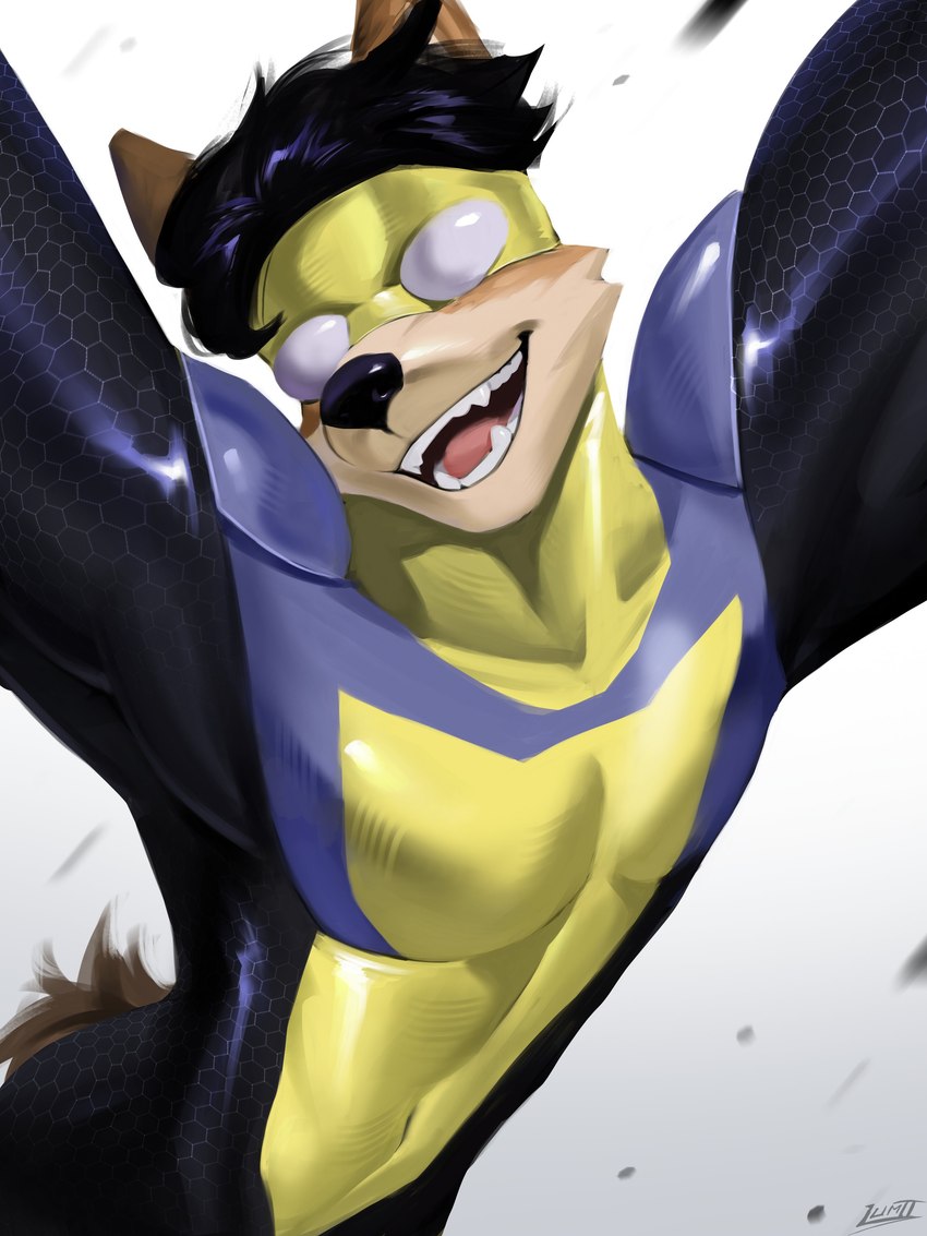 anthro athletic athletic_anthro athletic_male black_hair bodysuit clothing eyewear goggles hair male pecs skinsuit solo superhero tight_clothing may0nnaixe image_comics invincible_(image_comics) mark_grayson canid canine canis domestic_dog mammal absurd_res hi_res