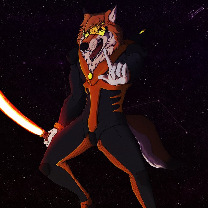 anthro armor beam_sword black_clothing black_suit clothing constellation cosmic_background fur gem gloves handwear jets lore male orange_armor orange_body orange_fur solo space space_background spacesuit suit visor yellow_gem depictionexpress halite_(depictionexpress) canid canine canis fox mammal 1:1 hi_res