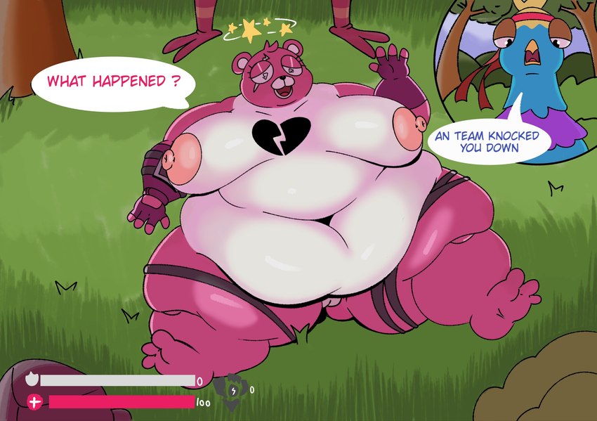 accessory anthro belly belly_rolls big_belly big_breasts biped breasts chubby_cheeks duo fat_rolls female female_anthro female_focus fur genitals headband leg_rolls male morbidly_obese morbidly_obese_female multicolored_body nipples obese obese_anthro obese_female overweight overweight_anthro overweight_female pink_body pink_fur plantigrade pussy solo_focus speech_bubble text thick_thighs weirdocat epic_games fortnite budge_(fortnite) cuddle_team_leader avian bear bird budgerigar loriinae mammal parakeet parrot true_parrot digital_drawing_(artwork) digital_media_(artwork) hi_res