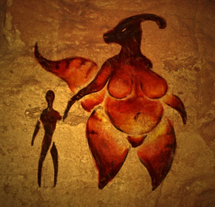 ambiguous_gender anthro belly big_belly big_breasts breasts cave_painting curvy_figure duo female female/ambiguous hand_holding human_on_anthro interspecies larger_female mature_female navel non-mammal_breasts nude orange_body overweight side_by_side size_difference thick_thighs voluptuous wide_hips upai pangaea_(upai) dinosaur hadrosaurid human mammal ornithischian ornithopod parasaurolophus prehistoric_species reptile scalie 2022 digital_media_(artwork) hi_res