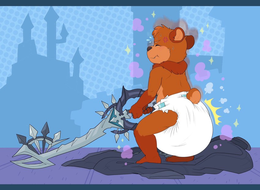 anthro clothed clothing crouching diaper diaper_fetish diaper_only diaper_use feces fur hair keyblade male melee_weapon pooping soiled_diaper soiling soiling_diaper solo tail topless unclean_diaper used_diaper weapon wearing_diaper young bubblepuppers kingdom_hearts square_enix bear mammal digital_media_(artwork) hi_res letterbox