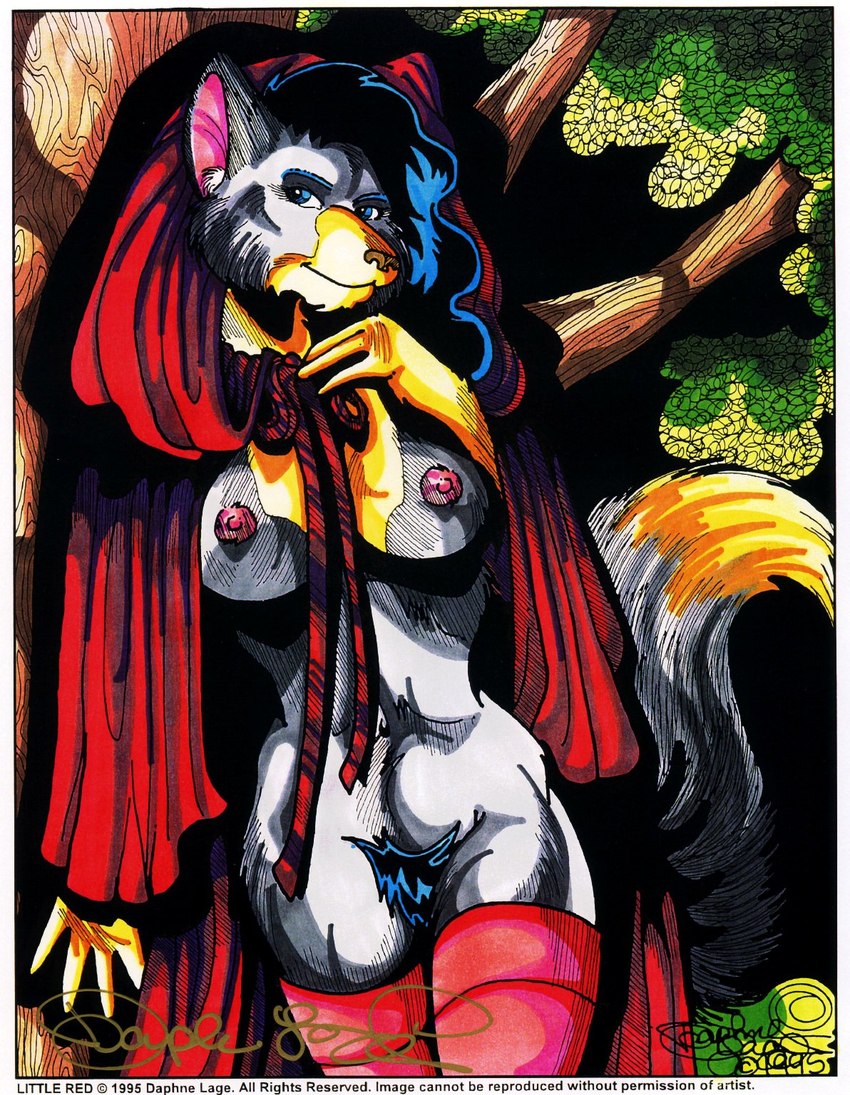 anthro breasts clothing detailed_background female forest legwear nipples outside plant pubes scan solo tail text thigh_highs tree wood daphne_lage fairy_tales little_red_riding_hood_(copyright) little_red_riding_hood canid canine canis mammal wolf 1995 english_text hi_res