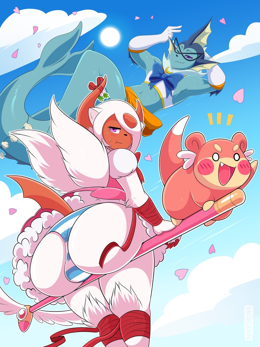 anthro big_butt blush bulge butt clothed clothing crossdressing femboy feral flying group looking_at_viewer looking_back male purple_eyes trio nikkibunn cardcaptor_sakura nintendo pokemon sailor_moon_(series) fuwa_(nikkibunn) lucky_(luckyabsol) wave_(purplebird) eeveelution generation_1_pokemon generation_6_pokemon mega_absol mega_evolution pokemon_(species) shiny_pokemon slowpoke vaporeon 2022 3:4 absurd_res hi_res