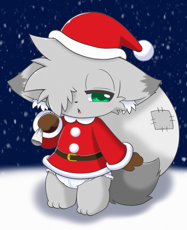 anthro bag belt christmas_clothing christmas_headwear clean_diaper clothed clothing costume diaper diaper_under_clothing diaper_under_skirt fur gloves green_eyes grey_body grey_fur handwear hat headgear headwear holidays male open_mouth outside santa_costume santa_hat snow snowing solo wearing_diaper wetness_indicator young chrono_(pixiv) christmas chrome_(character) canid canine mammal 2018 absurd_res hi_res