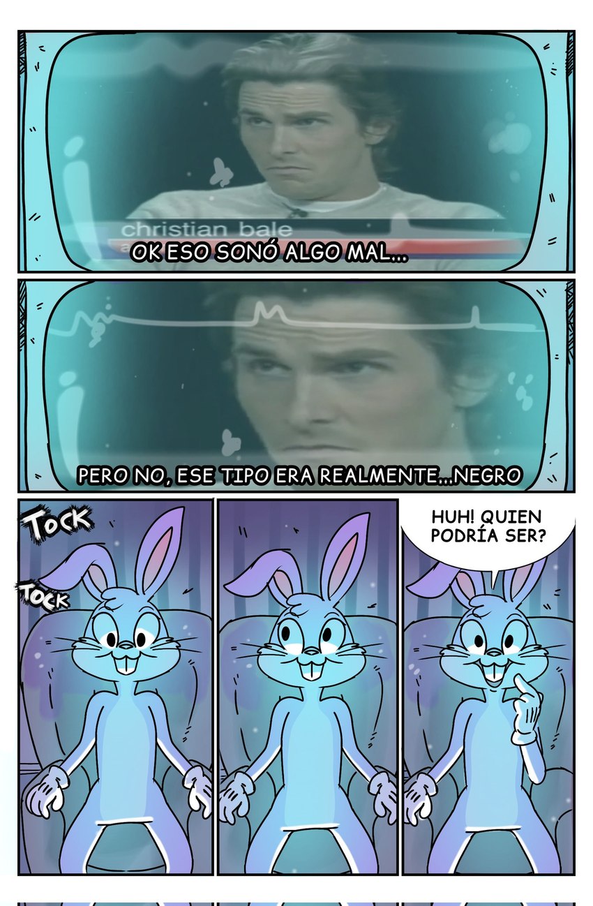 anthro black_eyes dialogue furniture male photo sitting sofa solo spots text white_body renita_reed looney_tunes warner_brothers bugs_bunny christian_bale human lagomorph leporid mammal rabbit comic hi_res spanish_text translated