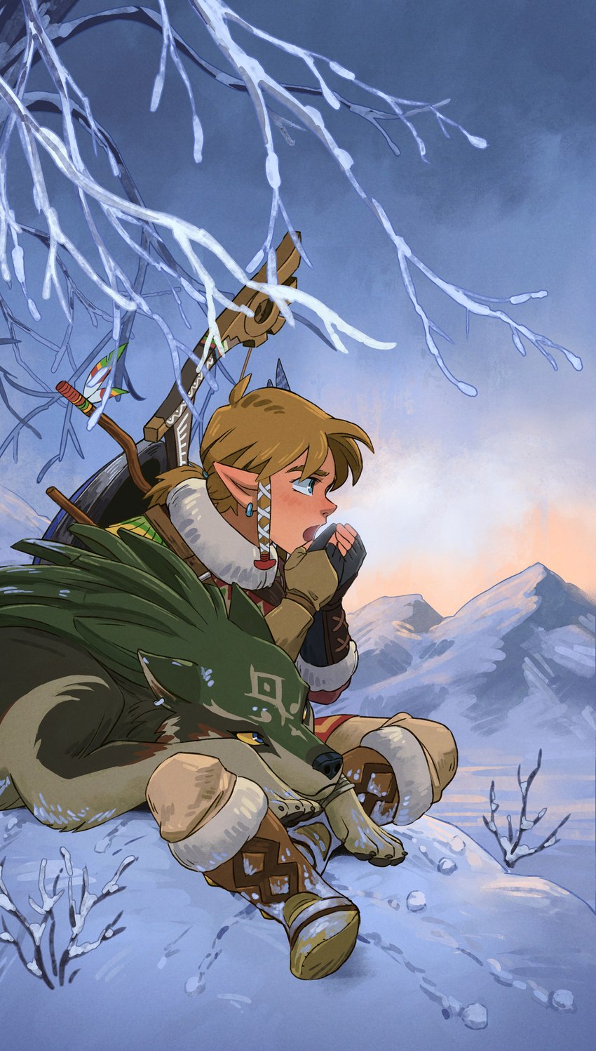 blonde_hair blue_eyes boots clothing duo ear_piercing ear_ring feral fingerless_gloves fingers footwear fur gloves hair handwear humanoid_pointy_ears male markings mountain open_mouth paws piercing plant pointy_ears ponytail ring_piercing shield shoes snow square_crossover tree winter detkef nintendo the_legend_of_zelda link link_(wolf_form) canid canine canis humanoid hylian mammal wolf 2022 absurd_res hi_res