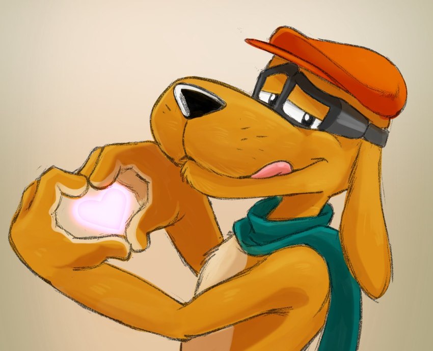 anthro clothed clothing eyewear goggles hat headgear headwear heart_symbol licking licking_lips looking_at_viewer male scarf simple_background solo tongue tongue_out topless topless_male zurdomon go_dog_go!_(series) paw_barker canid canine canis domestic_dog mammal