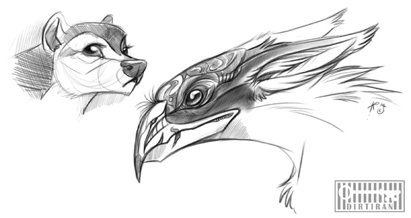 ambiguous_gender beak duo feral fur markings dirtiran mythology avian bird gryphon mythological_avian mythological_creature graphite_(artwork) monochrome signature sketch traditional_media_(artwork)