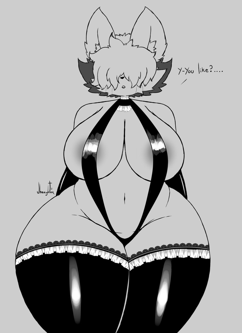 anthro big_breasts breasts clothing female legwear lingerie solo text thick_thighs tights wide_hips jhenightfox julie_(jhenightfox) canid canine fox mammal better_version_at_source black_and_white hi_res irreplaceable_bvas monochrome unavailable_at_source