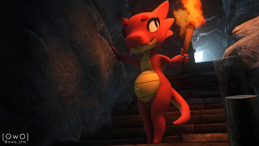 belly big_belly cave dimly_lit eggnant exploring female flat_chested navel outie_navel plantigrade pregnant pregnant_female red_body red_scales scales smile solo stairs teeth torch yellow_body yellow_scales owo_sfm kobold reptile scalie 16:9 3d_(artwork) digital_media_(artwork) hi_res source_filmmaker_(artwork) widescreen