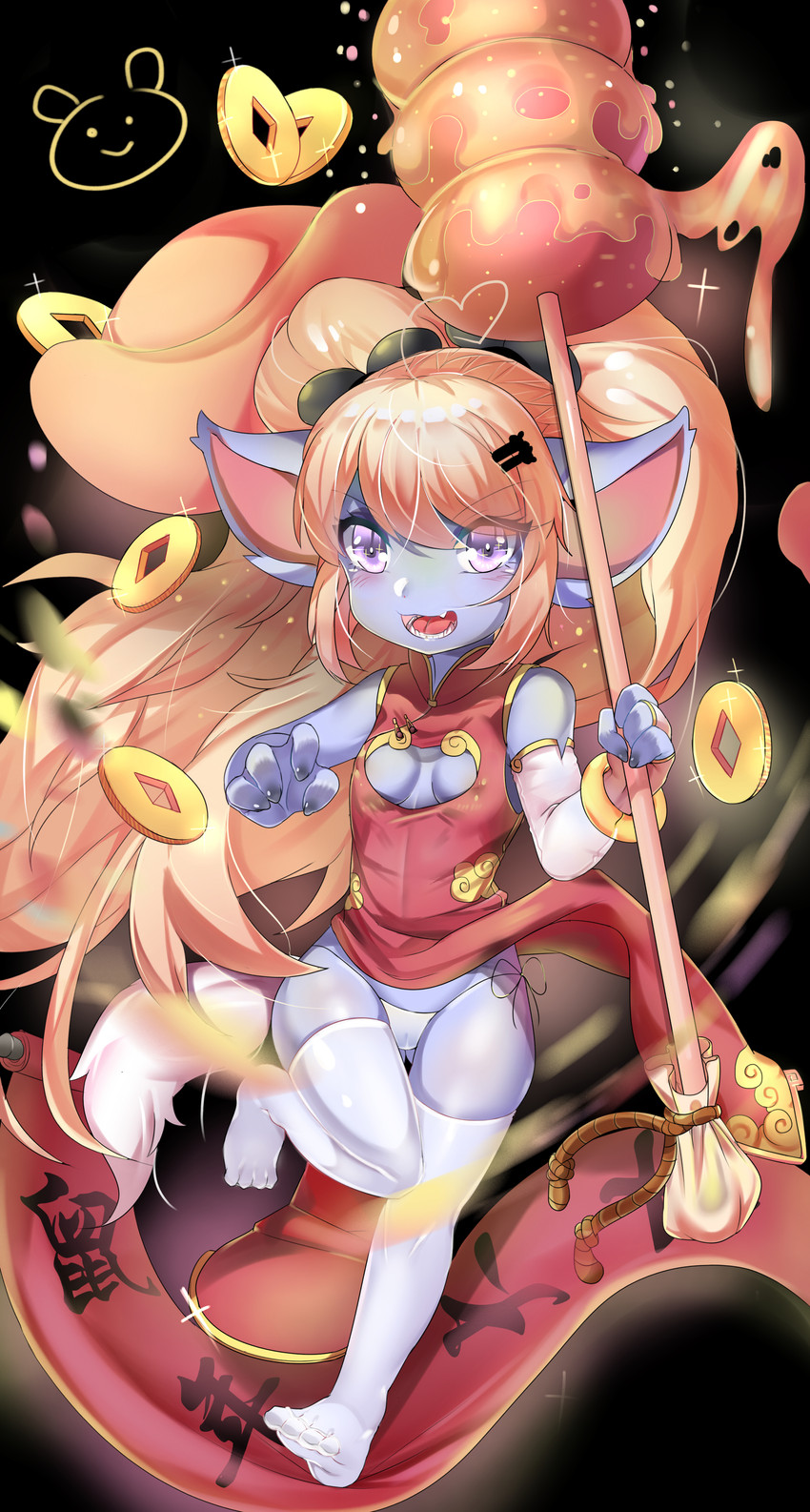 asian_clothing blonde_hair blush breasts butt butt_from_the_front camel_toe chinese_clothing clothing east_asian_clothing female hair legwear long_hair looking_at_viewer open_mouth smile solo stockings user_cpsf8285 league_of_legends riot_games tencent poppy_(lol) humanoid yordle 2020 absurd_res hi_res