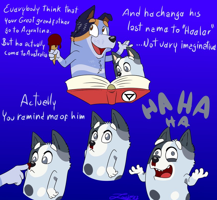 adolf hitler, muffin heeler, and stripe heeler (bluey (series) and etc) created by zooshi