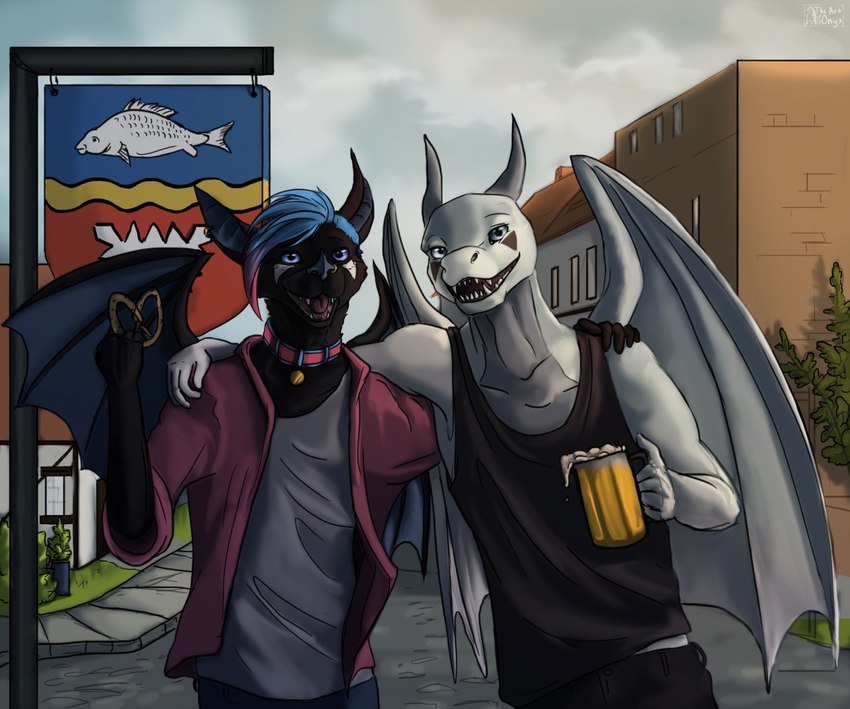 alcohol anthro beer beverage black_body building city clothed clothing collar duo facial_piercing food male male/male membrane_(anatomy) membranous_wings nose_piercing nose_ring nostril_ring outside piercing pretzel_(food) ring_piercing shirt streets tank_top topwear white_body wings millennium_millie_gryphon mythology batsy(elvor_xaetri) elvor_xaetri bat dragon mammal mythological_creature mythological_scalie scalie