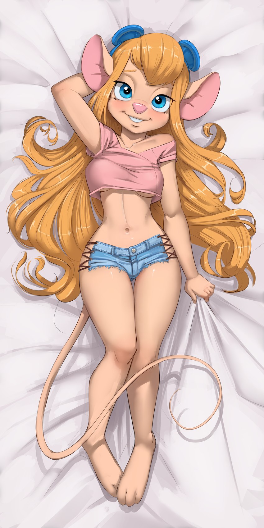 anthro blue_eyes breasts clothing dakimakura eyebrows female hair long_hair looking_at_viewer lying navel on_back solo under_boob gekasso chip_'n_dale_rescue_rangers disney gadget_hackwrench mammal mouse murid murine rodent 1:2 2024 absurd_res dakimakura_design digital_media_(artwork) hi_res