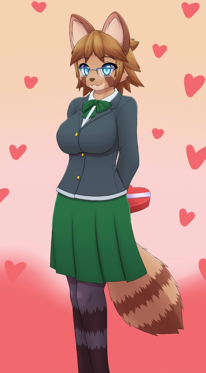 anthro big_breasts blue_eyes breasts brown_body brown_hair clothing cute_fangs eyewear fangs female glasses hair holidays inner_ear_fluff looking_at_viewer school_uniform smile solo stripes tail teeth tuft uniform myssedakes valentine's_day mammal procyonid raccoon absurd_res hi_res