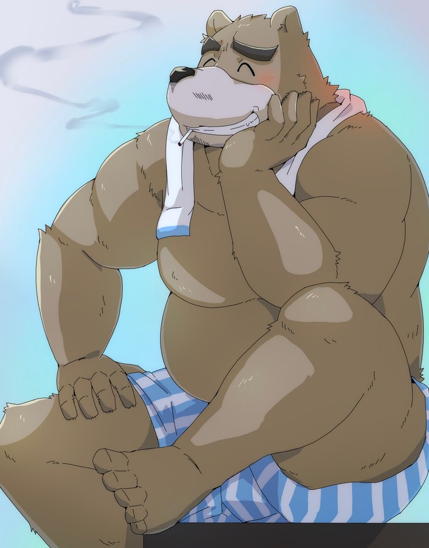 anthro belly big_belly black_nose blush brown_body clothing eyes_closed humanoid_hands kemono male moobs overweight overweight_male sitting smoking solo towel towel_around_neck underwear emufu bear mammal 2022 hi_res