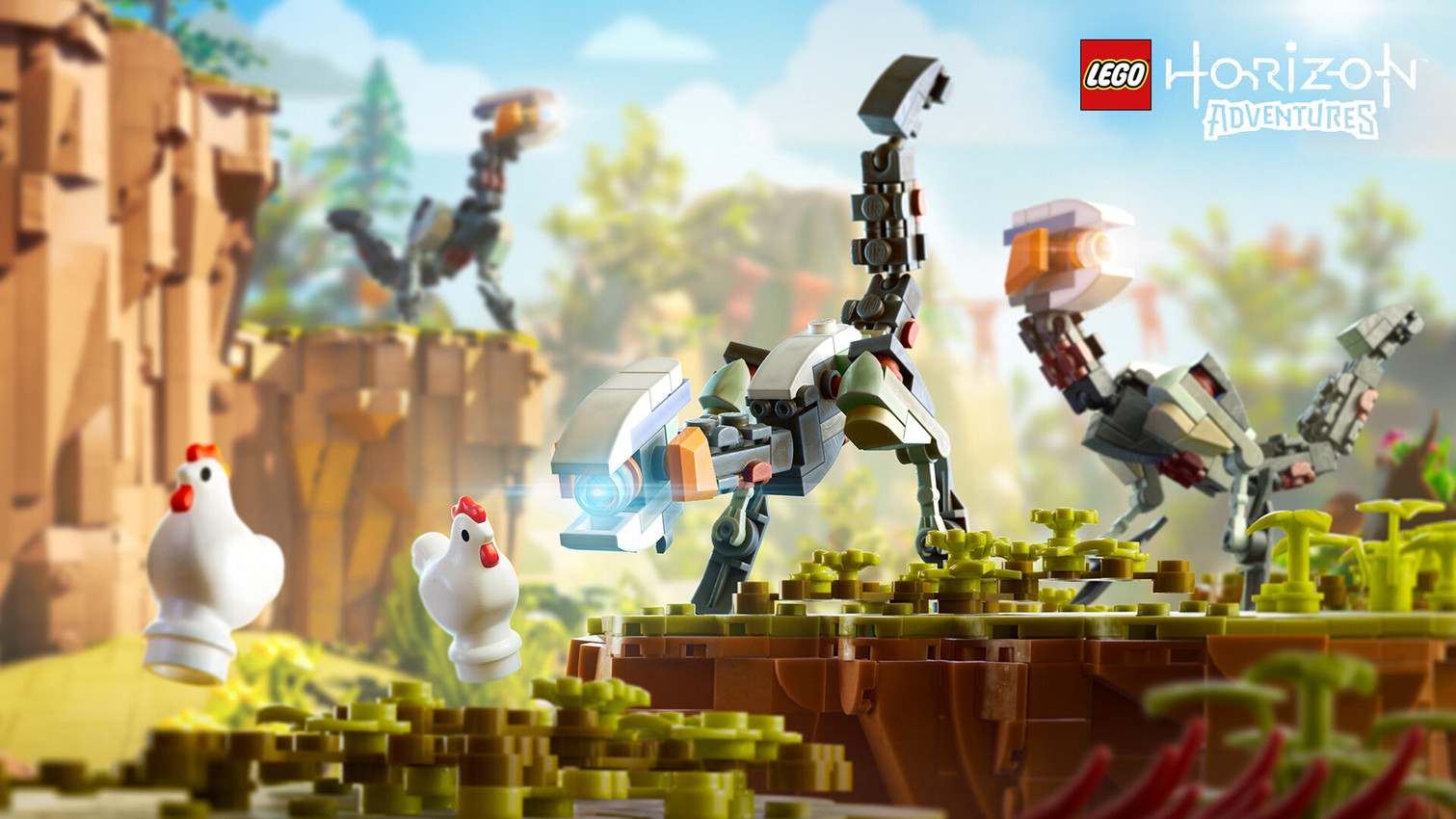 1_eye ambiguous_feral ambiguous_gender avian_caruncle black_eyes blue_eyes blue_sky cloud comb_(anatomy) day dewlap_(anatomy) dot_eyes evergreen_tree female female_feral feral grass grey_body grey_tail group head_crest larger_ambiguous larger_feral light looking_at_another machine metallic_body midair multicolored_body orange_eyes outside pine_tree plant simple_eyes size_difference sky smaller_female smaller_feral standing tail text title tree wattle white_tail gael_chauvet horizon_(series) lego sony_corporation sony_interactive_entertainment avian bird chicken galliform phasianid robot robot_feral watcher_(horizon) 16:9 2025 3d_(artwork) adobe_photoshop_(artwork) autodesk_maya_(artwork) colored crossover digital_media_(artwork) english_description english_text hi_res lighting official_art shaded widescreen