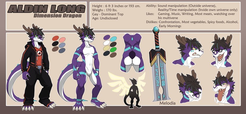 anthro clothing eyewear glasses horn magic male nude text weapon wings voidtails mythology dragon mythological_creature mythological_scalie scalie absurd_res english_text hi_res model_sheet