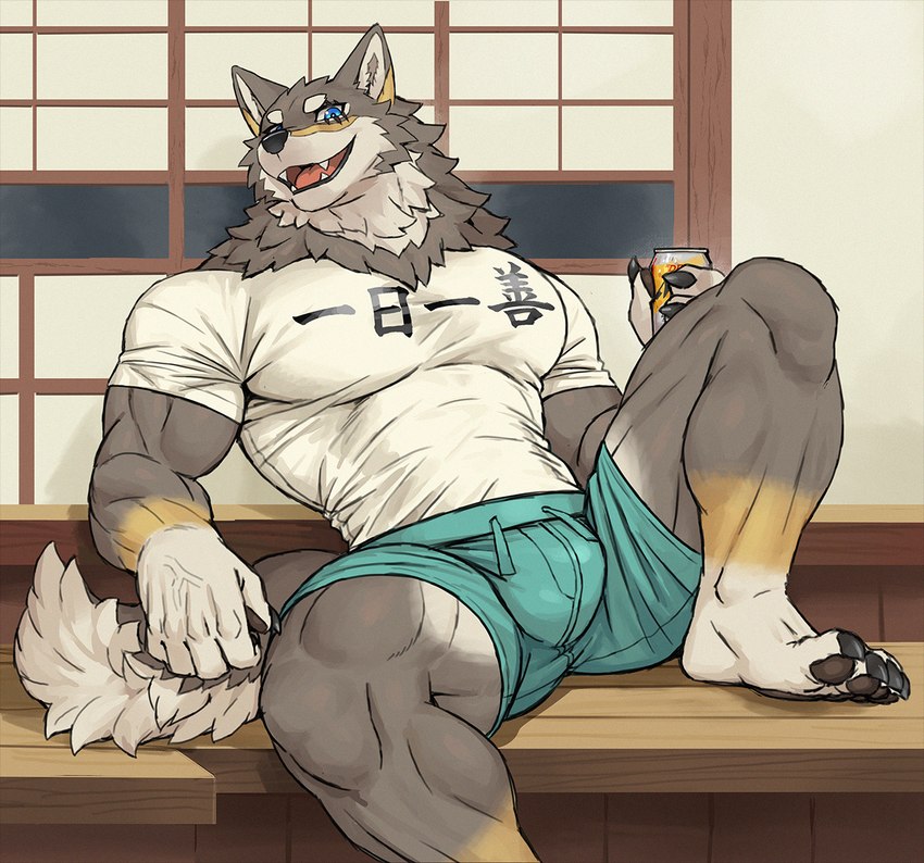 anthro barazoku barefoot beverage beverage_can biceps big_bulge big_muscles bottomwear bulge can claws clothed clothing container eyebrows feet four-character_idiom fur holding_beverage holding_can holding_container holding_object inside kemono looking_at_viewer male muscular muscular_anthro muscular_male open_mouth open_smile pawpads pecs quads scar shirt shorts sitting smile solo teeth text text_on_clothing text_on_shirt text_on_topwear thick_thighs tight_clothing tongue topwear tuft rossciaco vtuber ogami_aratsuka canid canine canis mammal wolf 2023 hi_res japanese_text