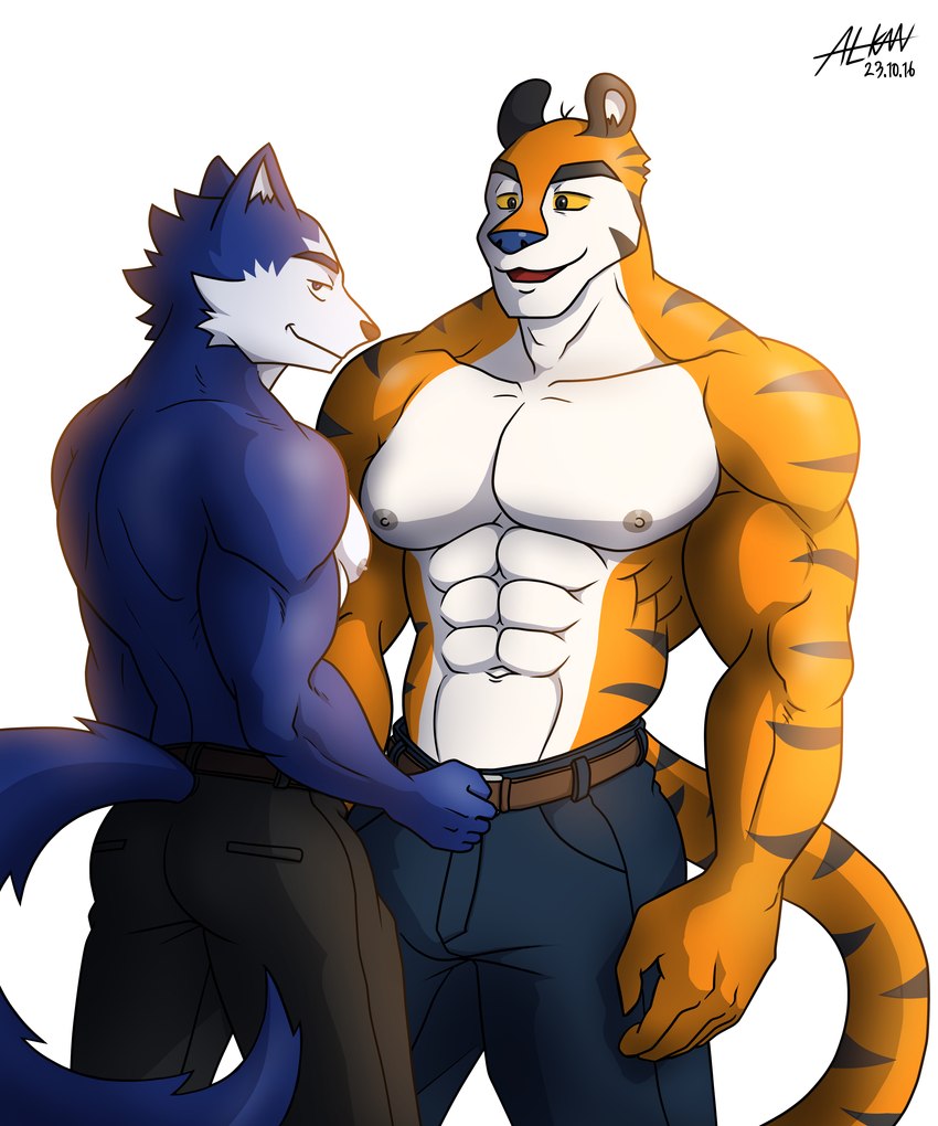 abs anthro belt belt_buckle big_pecs blue_body blue_fur bottomwear buckle clothed clothing duo fur male male/male mascot multicolored_body multicolored_fur muscular muscular_male navel nipples open_mouth orange_body orange_fur pants pants_only pecs suit_pants topless topless_anthro topless_male two_tone_body two_tone_fur white_body white_fur yellow_eyes alkan frosted_flakes kellogg's tony_the_tiger canid canine felid mammal pantherine tiger 5:6 absurd_res hi_res