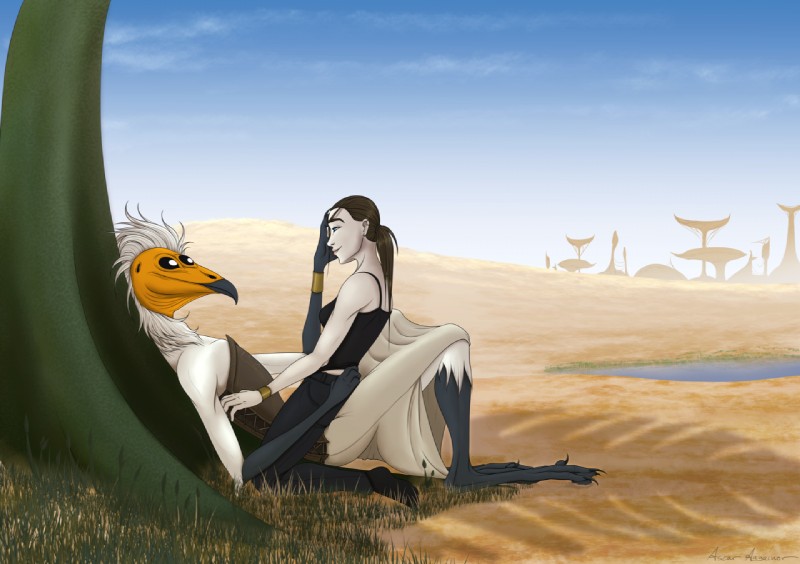 4_eyes anthro cuddling duo female female_on_anthro grass human_on_anthro interspecies multi_eye plant tree water ascar_angainor neophron accipitrid accipitriform avian bird egyptian_vulture human mammal old_world_vulture vulture 2017