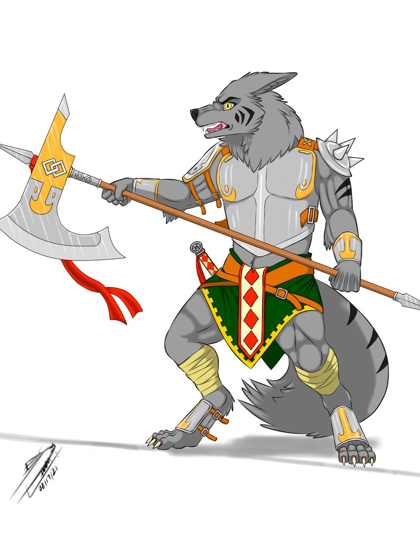 anthro armor bandage claws fur halberd male melee_weapon open_mouth polearm simple_background solo teeth toe_claws tongue weapon white_background yellow_eyes horzeb canid canine canis mammal wolf 3:4 absurd_res hi_res