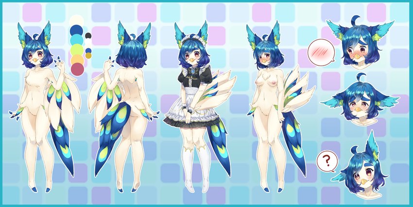 4_fingers anthro beak blue_border blue_hair blush bodily_fluids border breasts butt clothing color_scheme embarrassed feathers female fingers fur genitals hair inner_ear_fluff maid_headdress maid_uniform navel nipples nude nude_anthro pussy question_mark red_eyes simple_background solo speech_bubble tears tuft uniform white_body white_fur oko-san perico avian bird 2018 absurd_res hi_res model_sheet