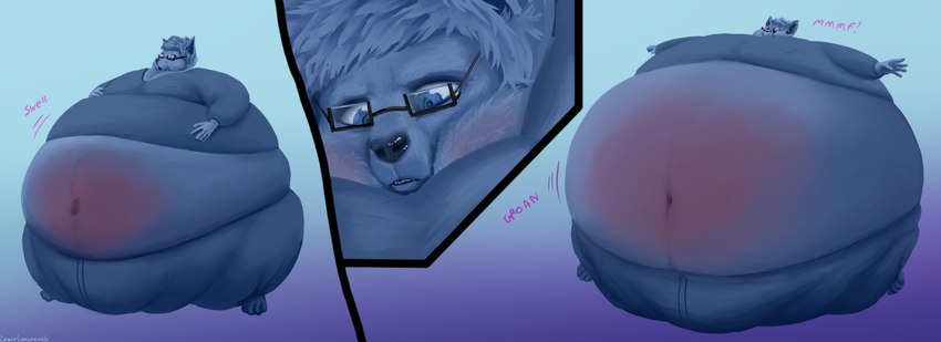 anthro base_one_layout before/after_focus belly big_belly blue_body blue_fur blueberry_inflation blush bulge cheek_bulge clothed clothing cutaway eyewear fur glasses growth hand_on_belly hand_on_chest hyper hyper_inflation immobile inflation male motion_lines navel one_row_layout open_mouth solo sound_effects spherical_inflation teeth text three_frame_image three_frame_sequence worried lemurlemurovich canid mammal english_text hi_res sequence